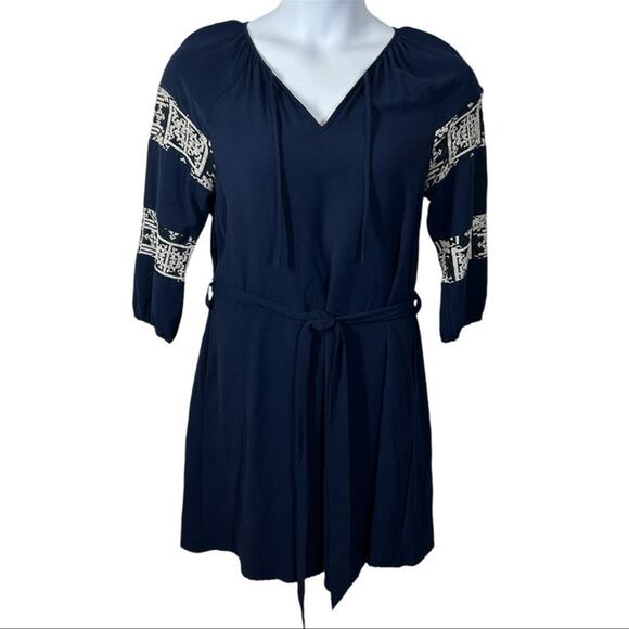 Anthropologie Octavia Embroidered Belted Boho Mini Dress Medium – Blue & White - Picture 2 of 11